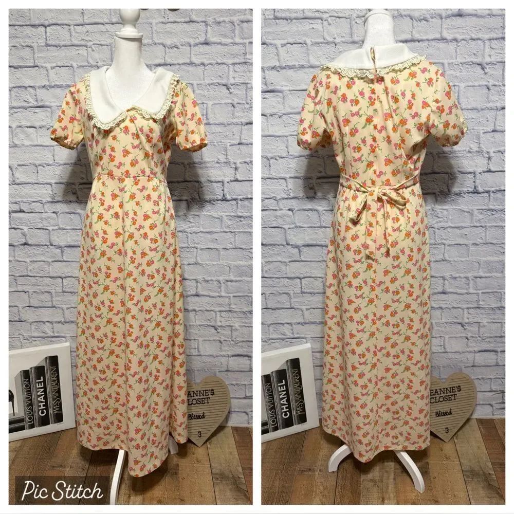 Vintage Sears 70s? Cottage core Maxi Dress Collared Polyester Floral Print ~ 14